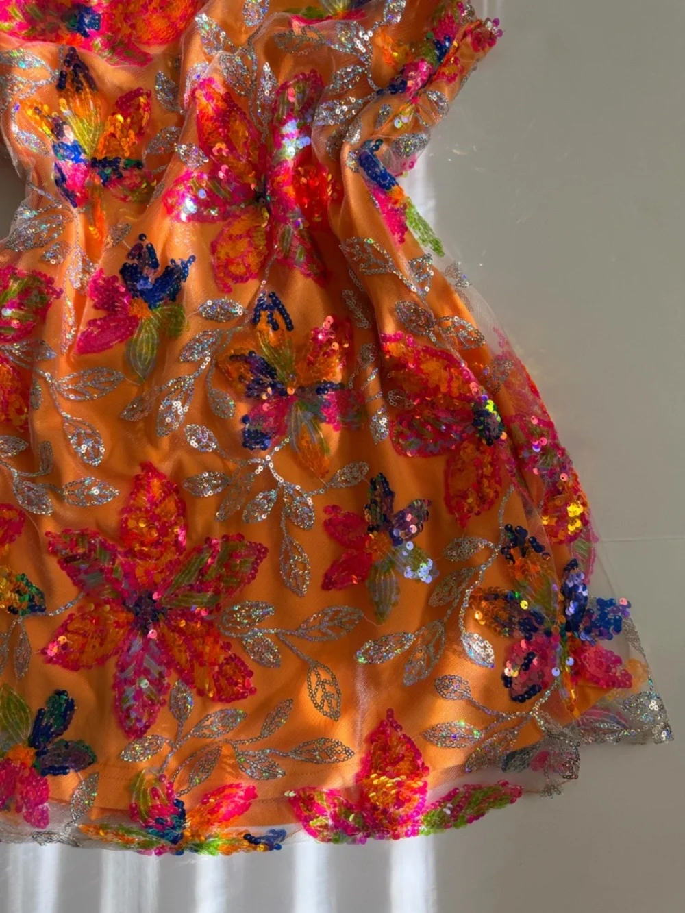 Selfie Leslie Orange Floral Sequin Halter Mini Dress - Picture 3 of 7